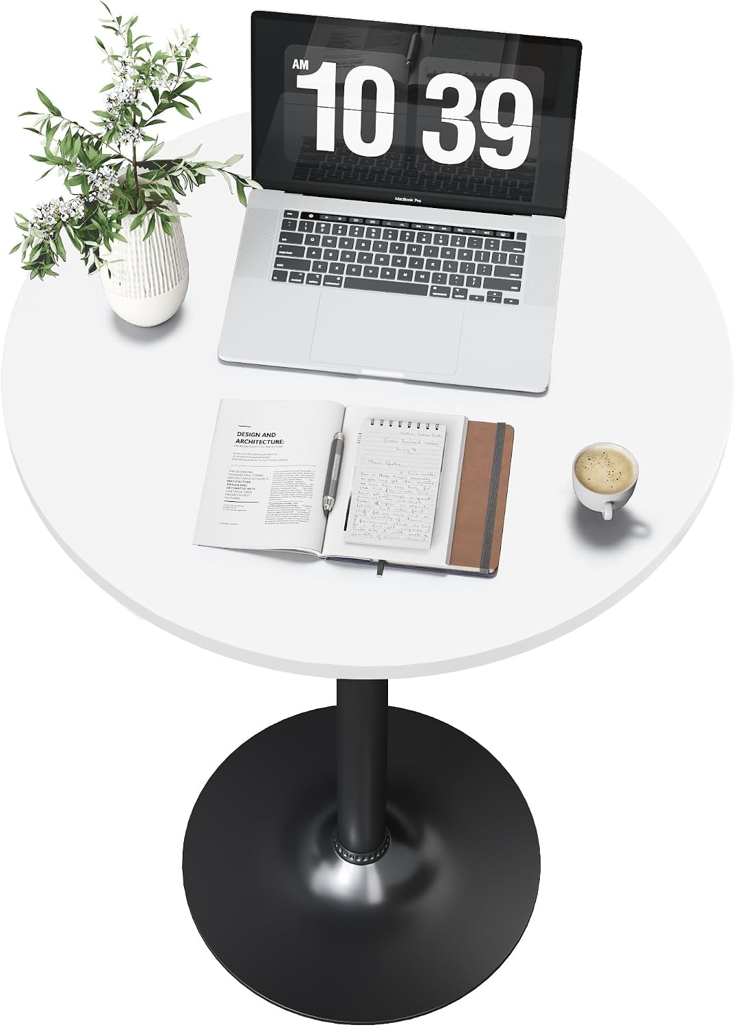 Flamaker Round Bistro Pub Table Modern Style Metal Base MDF Top Cocktail Bar Table Counter Bar Height for Pub, Dining Room, Party (2, White-Black)