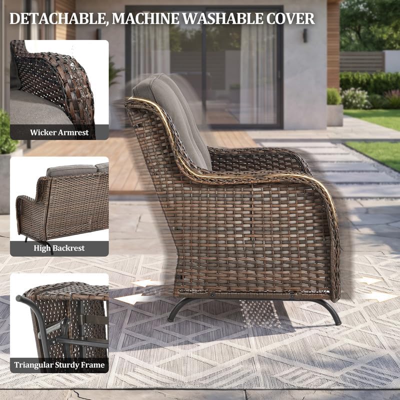 Outdoor Wicker Swivel Rocker Chair and Glider Loveseat 2 Seater, Brown/Grey