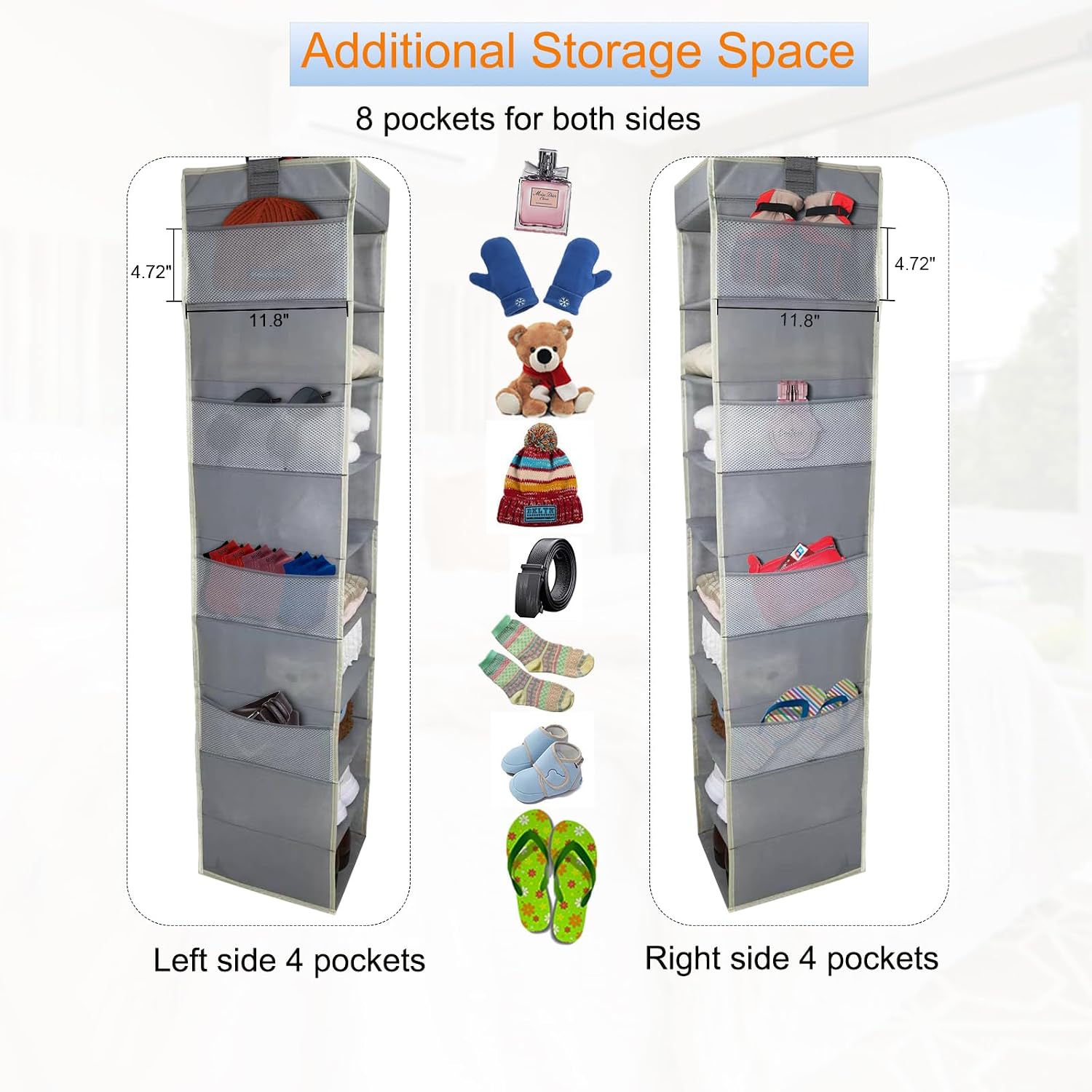 Large-Sized Hanging Shoe Organizer 10-Shelf, Sturdy Hanging Closet Organizer with 8 Side Pockets, Wider Hanging Shelves for Storage Shoes Clothes Jeans Shirts Toys, Grey