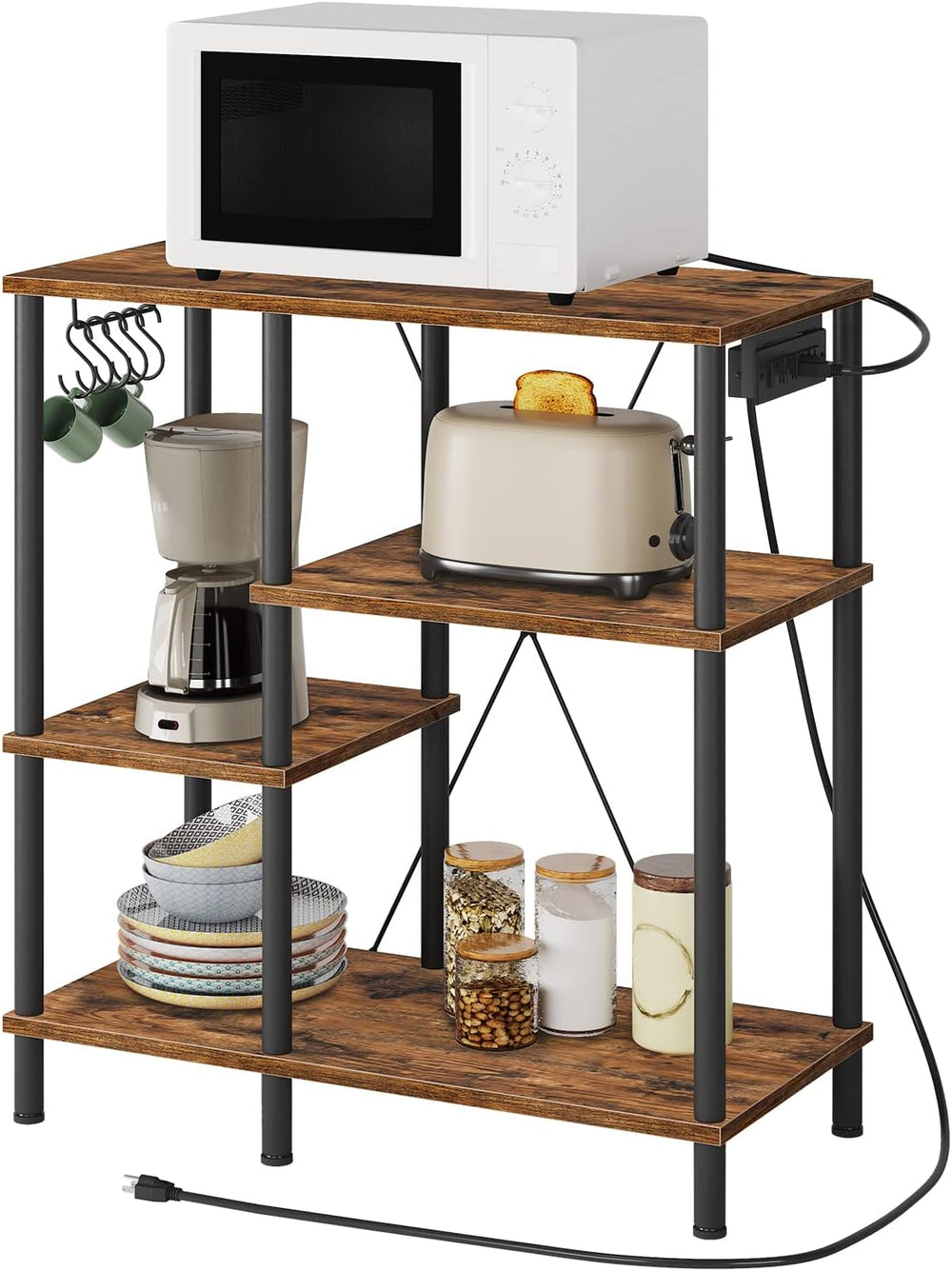 HOOBRO Bakers Rack with Power Outlet, Microwave Stand with 5 S-Shaped Hooks, ...