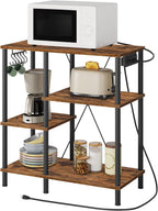 HOOBRO Bakers Rack with Power Outlet, Microwave Stand with 5 S-Shaped Hooks, Coffee Bar, Kitchen Storage Shelf, for Kitchen, Living Room, Rustic Brown and Black BF07UHB01