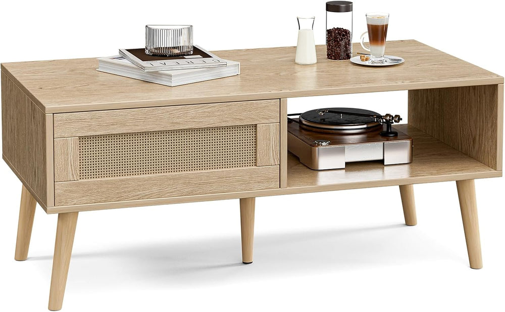 Rattan Coffee Table with Sliding Doors, Mid-Century, Natural