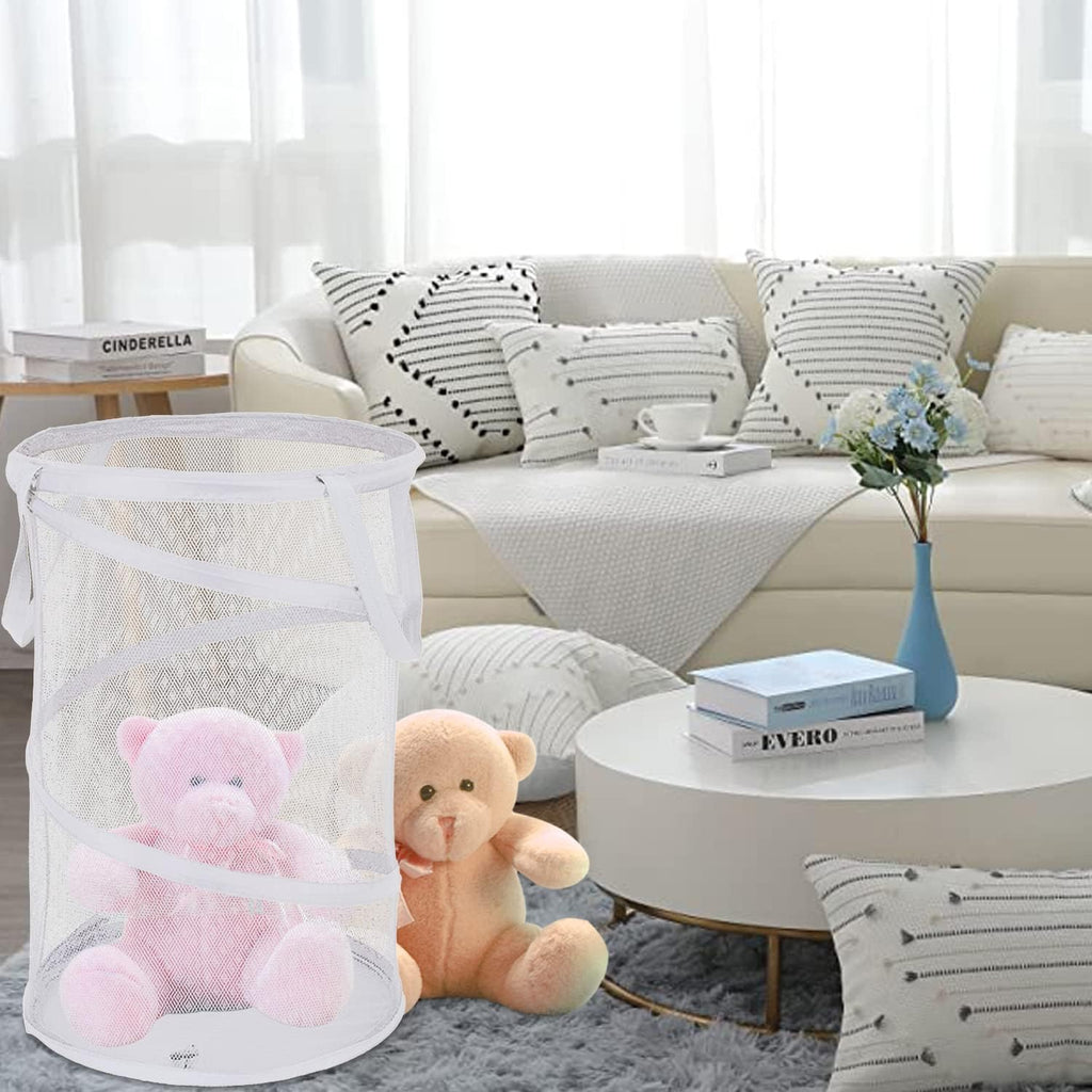 BATTOO 2 Pack White Large Collapsible Laundry Basket Foldable Mesh Pop Up Hamper with Handles for Laundry Room, Bathroom, Kids Room, College Dorm, Travel, Camping, Gift Basket