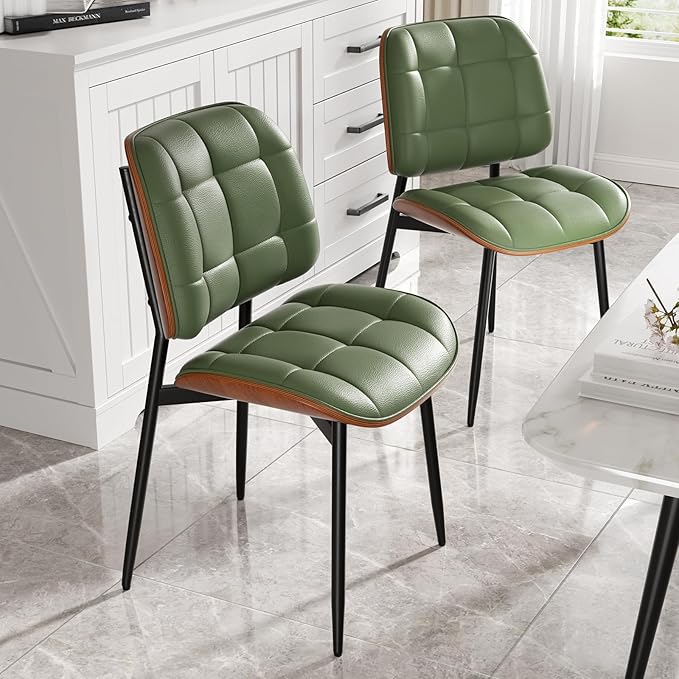 Dining Chairs Set of 2, Mid Century Modern Dining Room Chair, Upholstered Faux Leather Kitchen Chairs with Thick Cushion and Walnut Bentwood Back for Kitchen Dining Room, Green