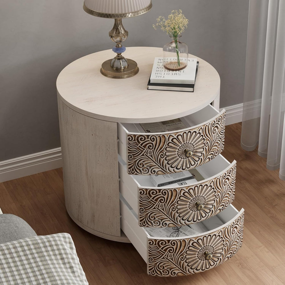 COSIEST Bedside Table Set of 2, Wood Nightstand 3 Drawers, Farmhouse Round En...