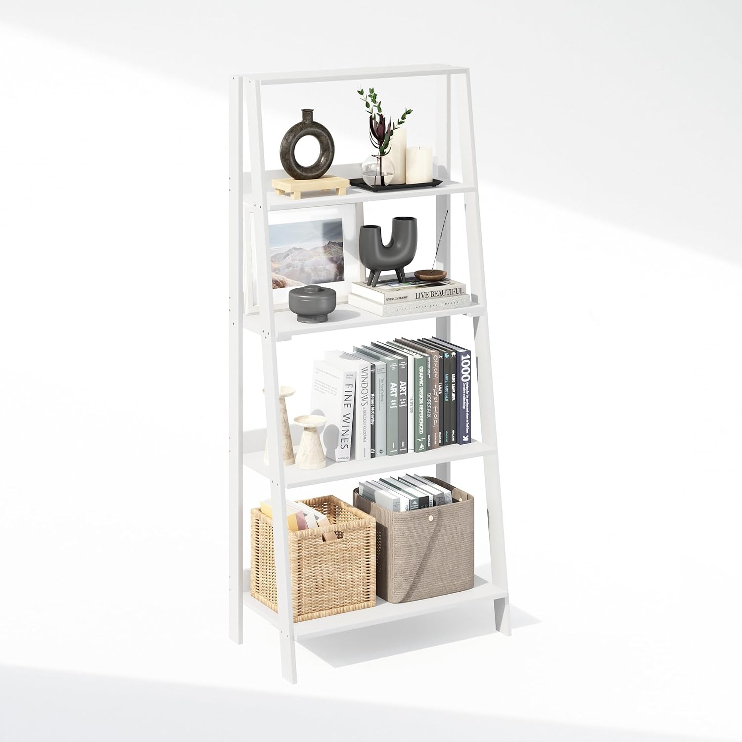 Furinno Ladder Display Shelf, 5-Tier Ladder Shelf, Standing Bookshelf, Display Storage Shelves, 13 x 23.6 x 53.5, for Living Room, Home Office, White