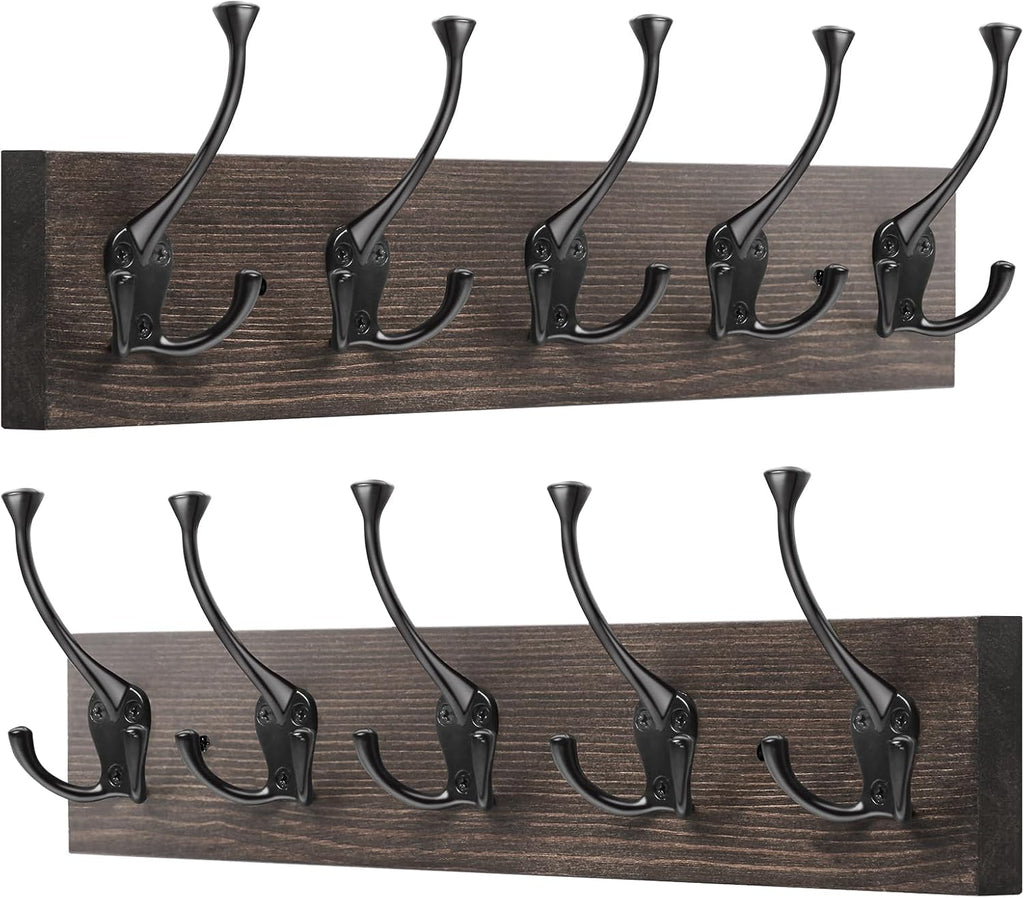 IBosins 2 Pack Coat Rack Wall Mount, 17'' Old Wood Color Coat Hanger, Rustic Wooden Metal Coat Hooks Rail for Entryway Living Room Coat Jacket Scarf Bag Towel Hat