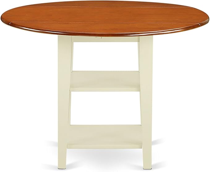East West Furniture SUWE5-BMK-W 5 Piece Dining Table Set for 4 Includes a Round Kitchen Table with Dropleaf & Shelves and 4 Kitchen Dining Chairs, 42x42 Inch, Buttermilk & Cherry