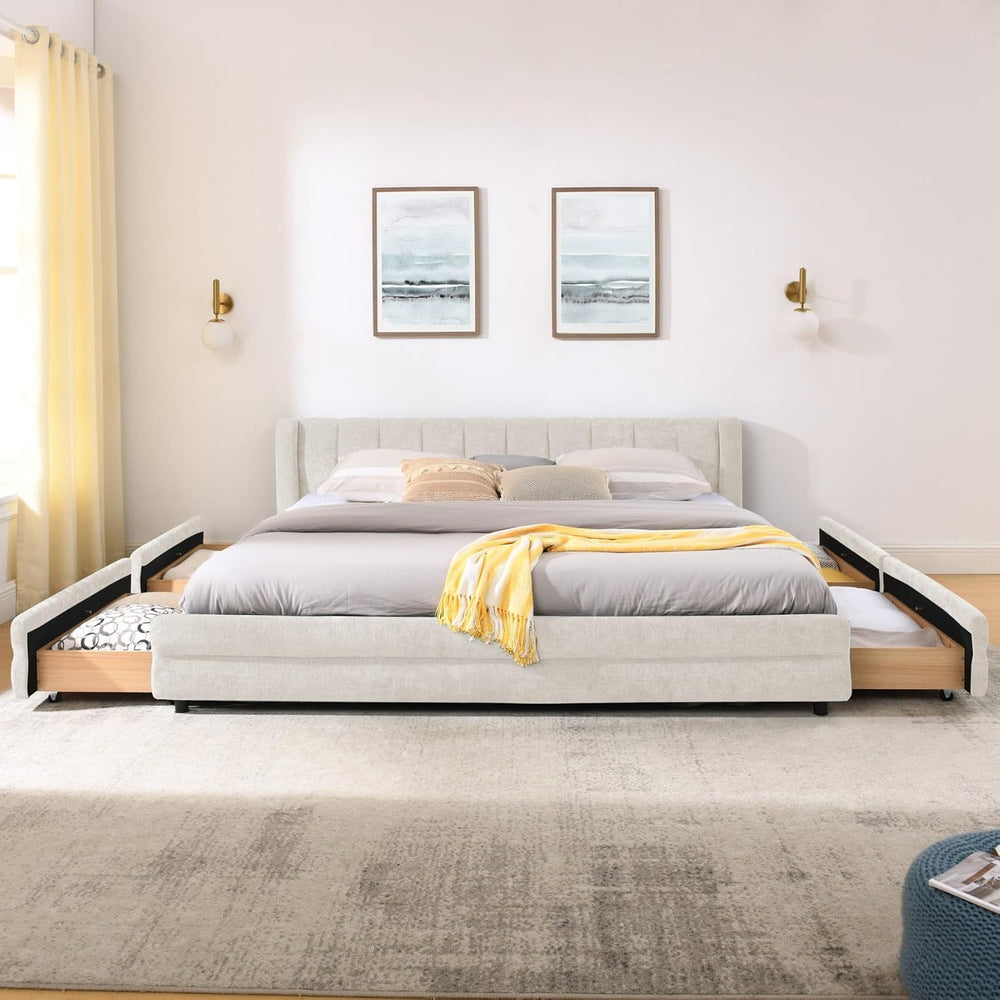 KEIKI Thick Chenille King Bed Frame with 4 Storage Drawer & Upholstered T...