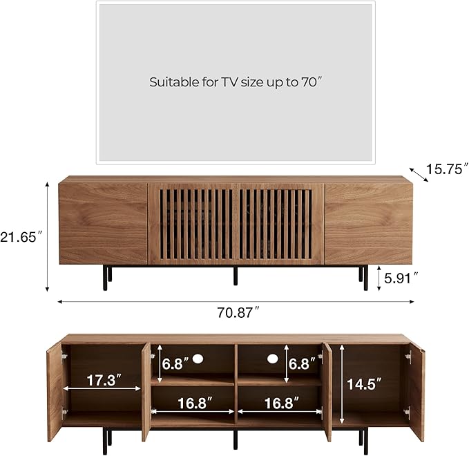 70.87" Mid-Century Modern TV Stand, Entertainment Center with 4 Storage Cabinets, Media Console Table for Living Room & Bedroom,Walnut