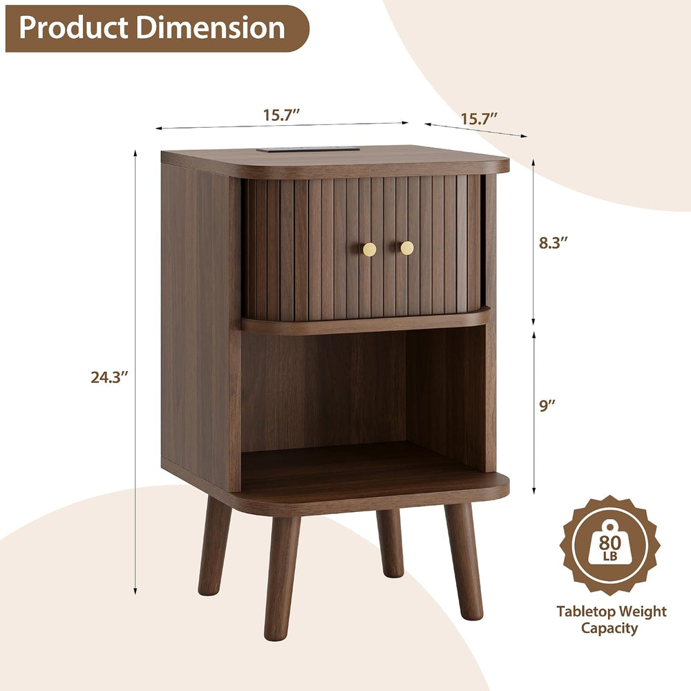 Decofy Fluted Nightstand Set of 2, Mid Century Modern Bedside Table with Char...
