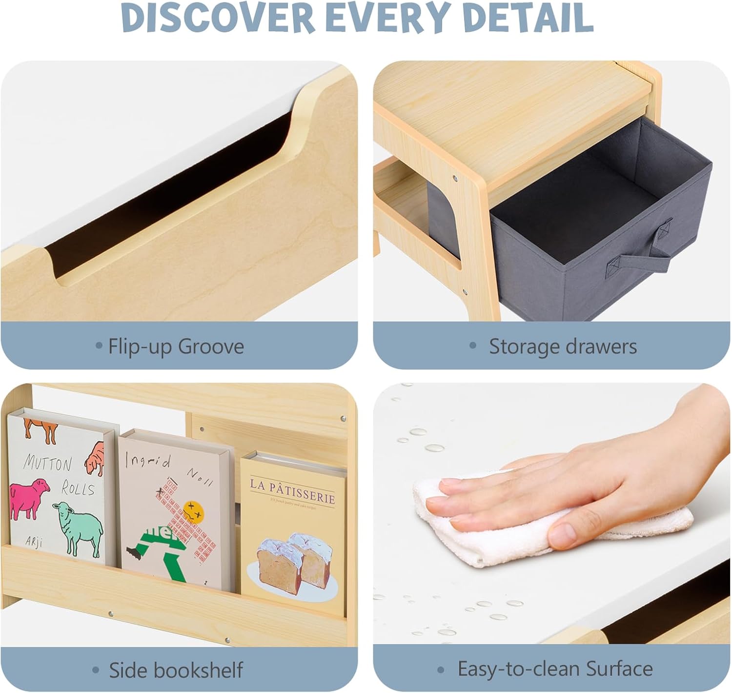 OOOK 4 in1 Kids Table and Chair Set with Storage Drawer and Book Rack | Wood Kids Craft Table with Whiteboard, Blackboard, Detachable Tabletop, Activity Table for Classroom