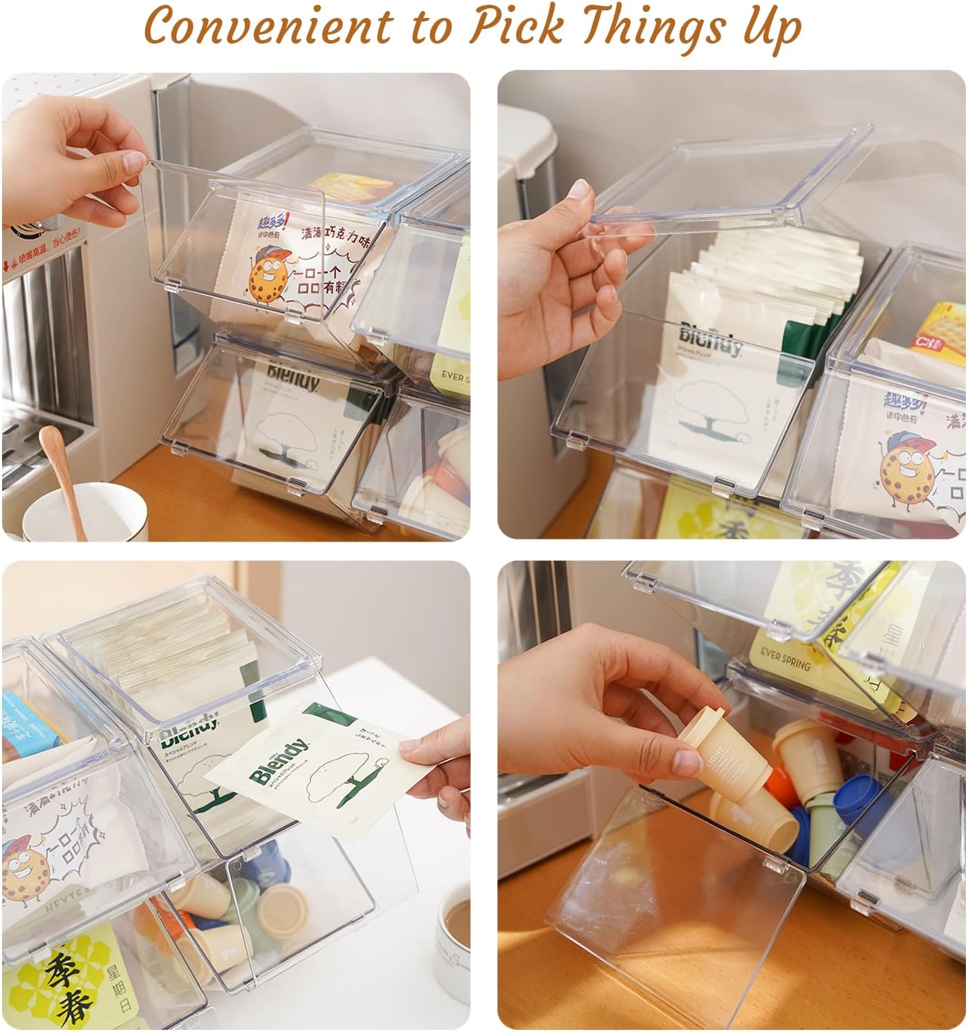 Tea Bag Organizer Coffee Pod Holder K Cup Holder, Stackable Acrylic Desk Organizer Box with Lid, 4 Pack
