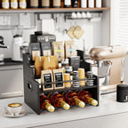 KLM 4-Tier Wood Display Shelf, Black Modern Bottle Organizer, Countertop Bar Stand for Liquor, Coffee Syrup, (Black)