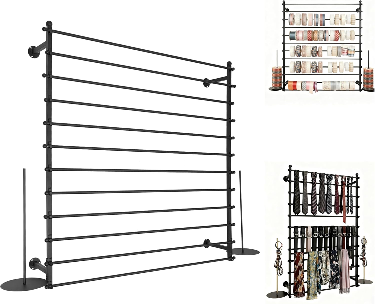 12 Layers Black Wall Display Stand Wrapping Paper Ribbon Organizer Holder Storage Scarf Tie Belt Towel Spool Sewing Tool Hijab Metal Shelving for Home, Retail Stores, Flower Shop,Studio-120cm