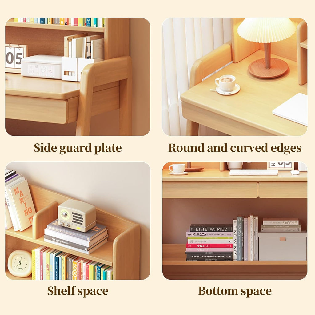 Adjustable Kids Study Desk with Hutch, Solid Wood Legs Children's Writing Table with Storage Shelf & Drawers, Wooden Student Workstation for Boys Girls Bedroom, Homeschool Art & Craft Desk, Natural