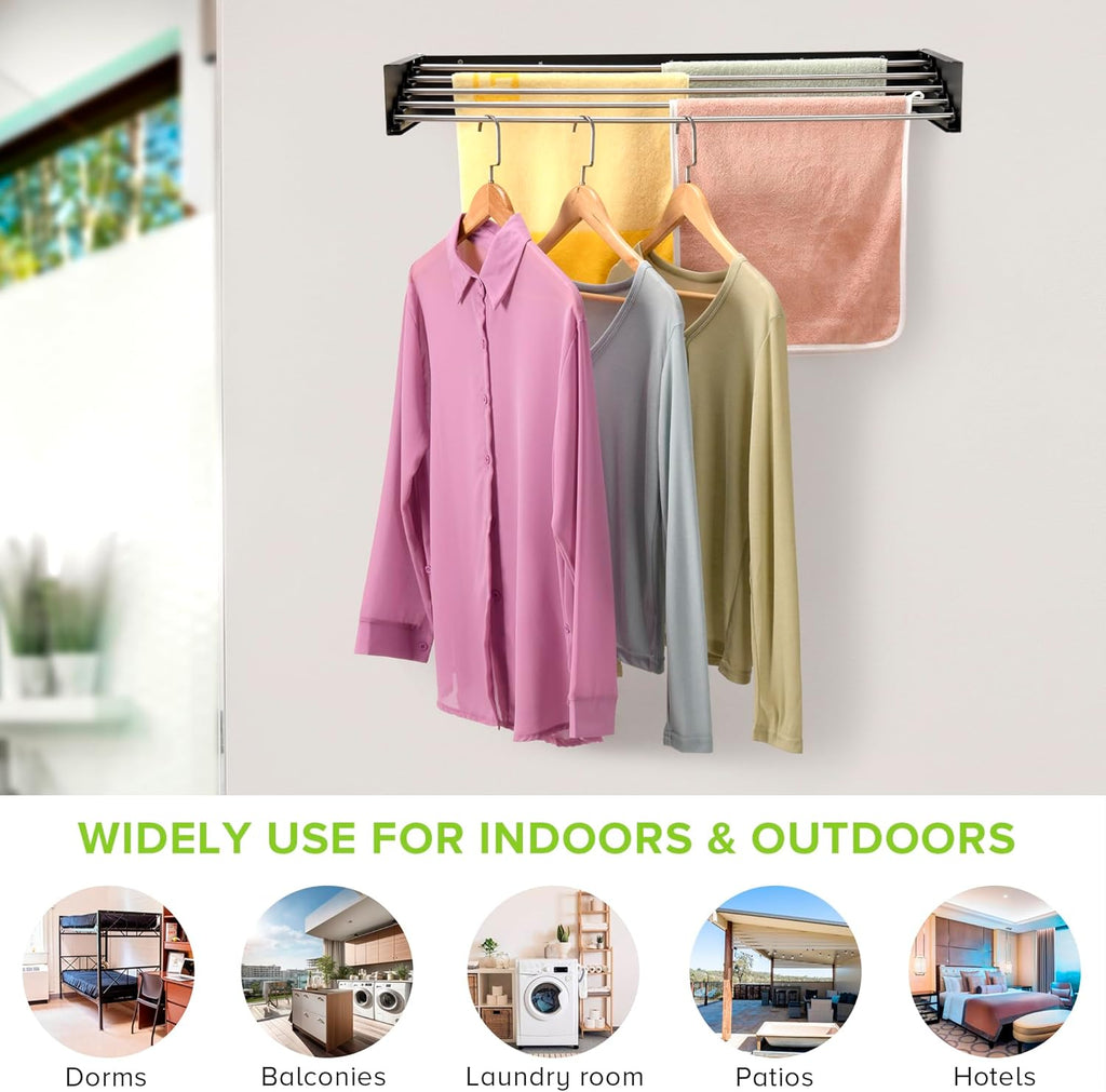 Wall Mounted Laundry Drying Rack, Retractable Clothes Drying Rack for Bathroom with Wall Template, 5 Stainless Rods Heaving 60 lb Capacity (Black, 31.5")