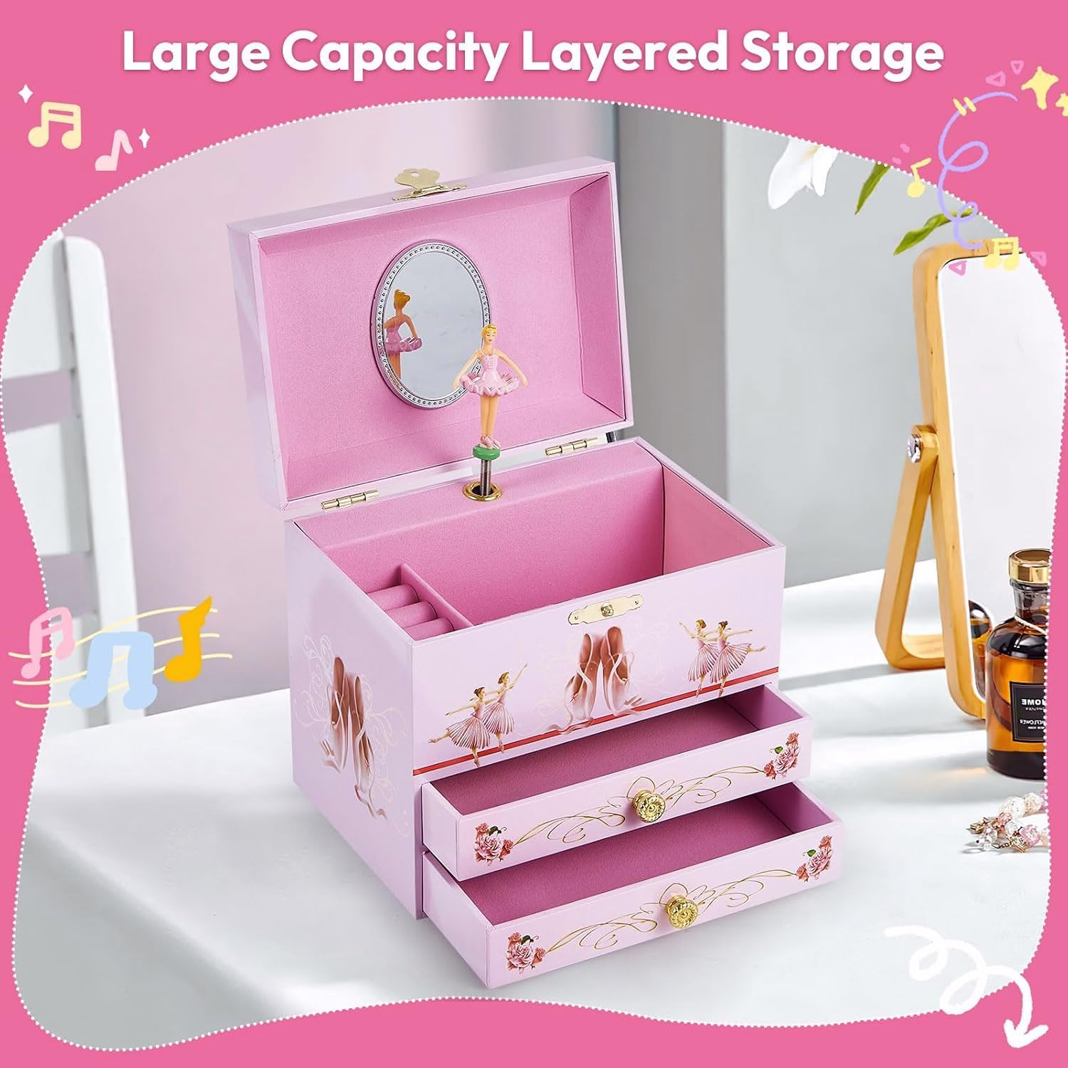 Girl's Gift Ballerina Musical Jewelry Box with 2 Drawers,Music Box with Spinning Ballerina,Kids Jewel Storage Box for Girls Ages 3-12 Kids Gift