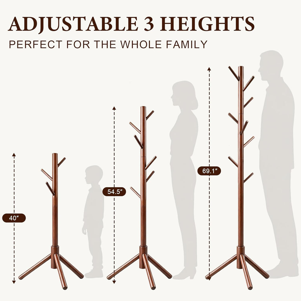 Wooden Coat Rack Freestanding with 8 Hooks & 3 Adjustable Sizes for Clothes, Space-Saving Design for Bedroom Office Entrance Holds Hats Coats Scarves Bags