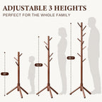 Wooden Coat Rack Freestanding with 8 Hooks & 3 Adjustable Sizes for Clothes, Space-Saving Design for Bedroom Office Entrance Holds Hats Coats Scarves Bags