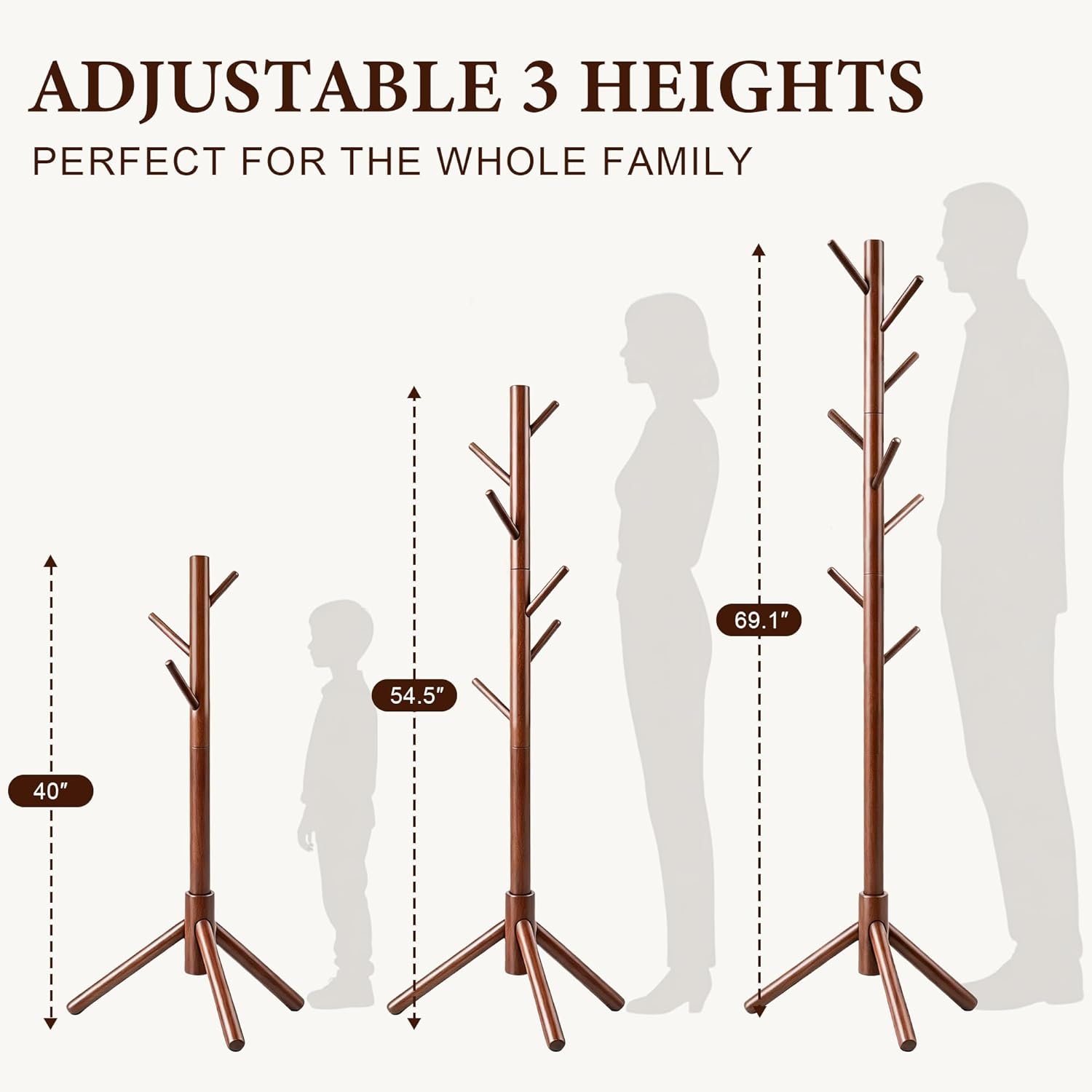 Wooden Coat Rack Freestanding with 8 Hooks & 3 Adjustable Sizes for Clothes, Space-Saving Design for Bedroom Office Entrance Holds Hats Coats Scarves Bags
