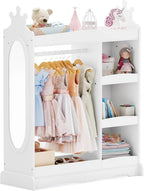 Curipeer Kids Dress up Storage with Mirror, Kids Wardrobe with 3 Hooks, Kids Closet for Girls Boys, Open Hanging Armoire Costume Organizer for Bedroom, Preschool, Classroom, White
