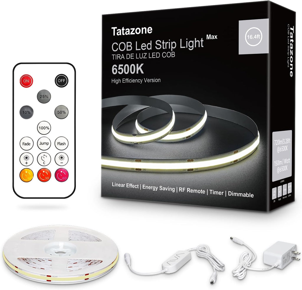 White COB Led Strip Light Max with RF Remote, 16.4ft 6500K Dimmable Ultra Bright Daylight White COB Light Strip, Indoor COB Led Lights for Mirror, Ceiling, Kitchen, Room, Cabinet, Closet