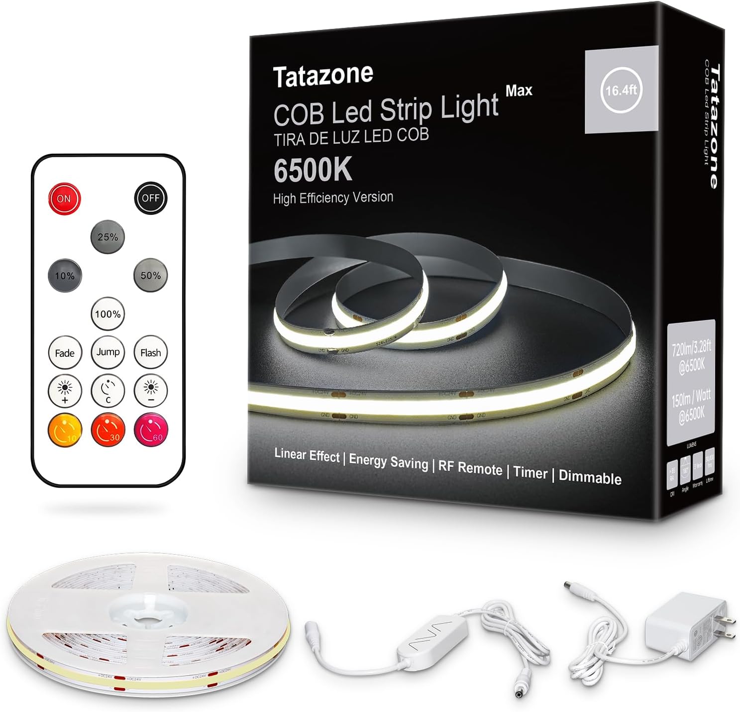 White COB Led Strip Light Max with RF Remote, 16.4ft 6500K Dimmable Ultra Bright Daylight White COB Light Strip, Indoor COB Led Lights for Mirror, Ceiling, Kitchen, Room, Cabinet, Closet