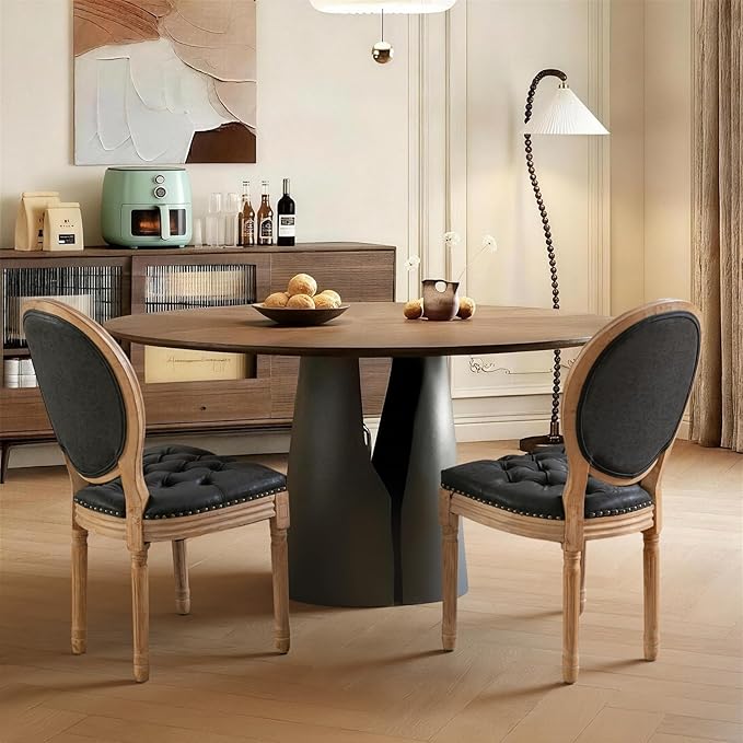 French Country Dining Chairs Set of 4,Farmhouse Upholstered Dining Room Chairs with Tufted Round Back&Solid Leg,PU Leather Kitchen Side Chairs for Kitchen/Bedroom/Dining Room,Black