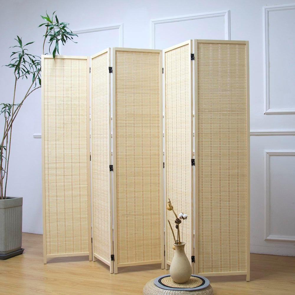 Furnnylane 5 Panel Bamboo Room Divider – 5.6 ft Tall Folding Privacy Screen, ...