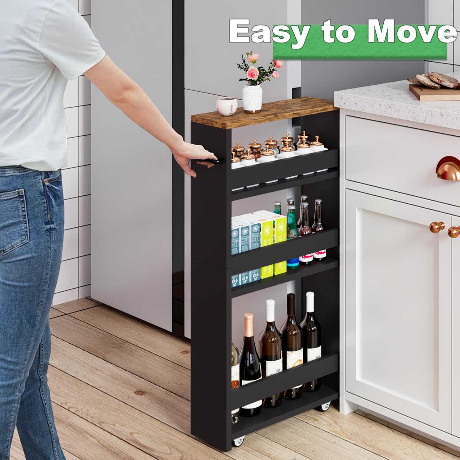 MARTY Rolling Storage Cart 4-Tier Black Kitchen Cart with Wheels, Slim Storage Cart with Handle Slide Out Utility Cart Shelving Unit Organizer Trolley for Laundry Narrow Places Bathroom Small Corner