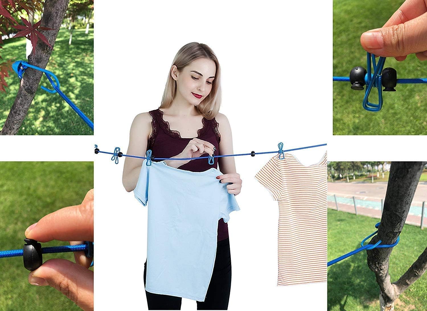 1 Pack Portable Clothesline with 12 Clothespins, Windproof Travel Clothesline Stretchy Retractable Elastic Laundry Clothes Line for Backyard, Vacation Hotel, Balcony Clothes Drying Line