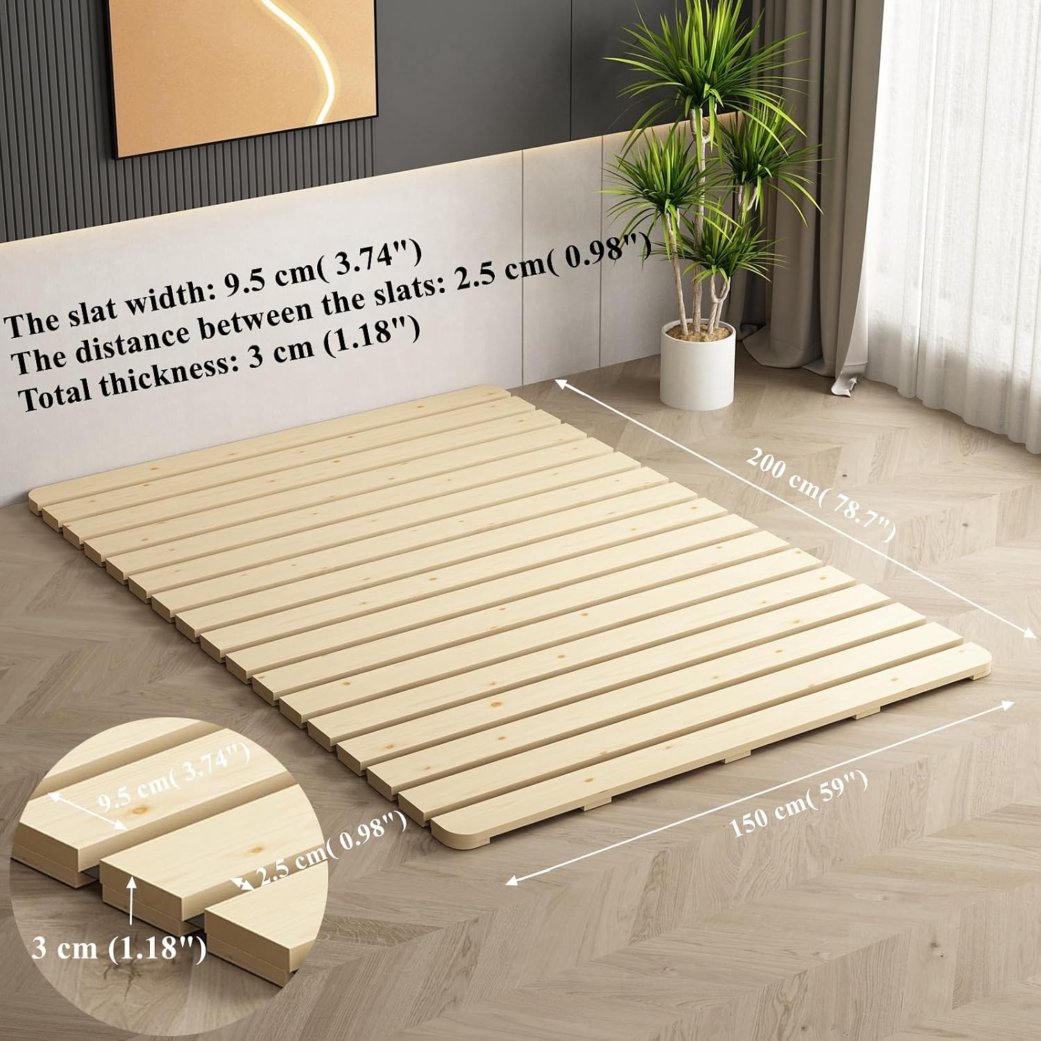 Foldable Floor Bed Frame, Breathable Wooden Roll-Up Slats Base for Japanese Futon Mattress, Low Profile Sleep Bedding (Queen)