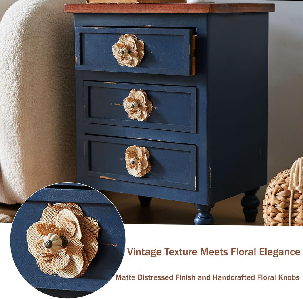 Vintage Farmhouse End Table with Floral Knobs – 19" Rustic Nightstand wi...