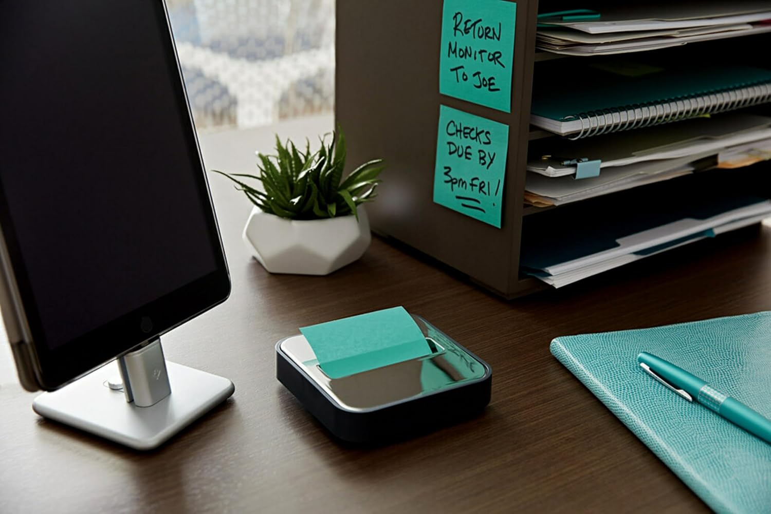 Post-it Note Dispenser with Post-it Pop-up Notes, Black Base with Steel Top, 1 Aqua Splash 3 in. x 3 in. Super Sticky Note Pad, Classroom or Office Supplies