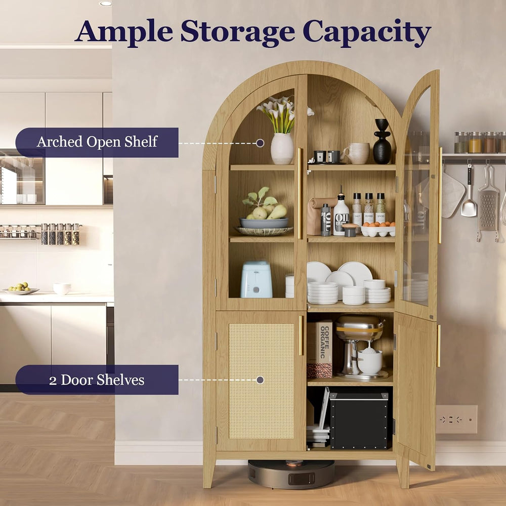 63" Tall Arched Cabinet with Glass Doors, Kitchen Pantry Storage Cabinet...