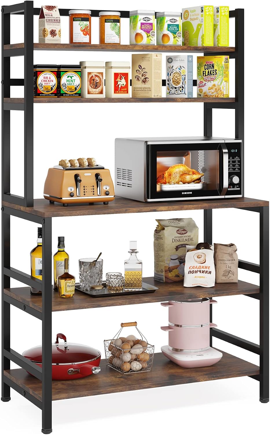 Tribesigns 5-Tier Kitchen Bakers Rack with Hutch, Industrial Microwave Oven Stand, Free Standing Kitchen Utility Cart Storage Shelf Organizer (Rustic Brown)