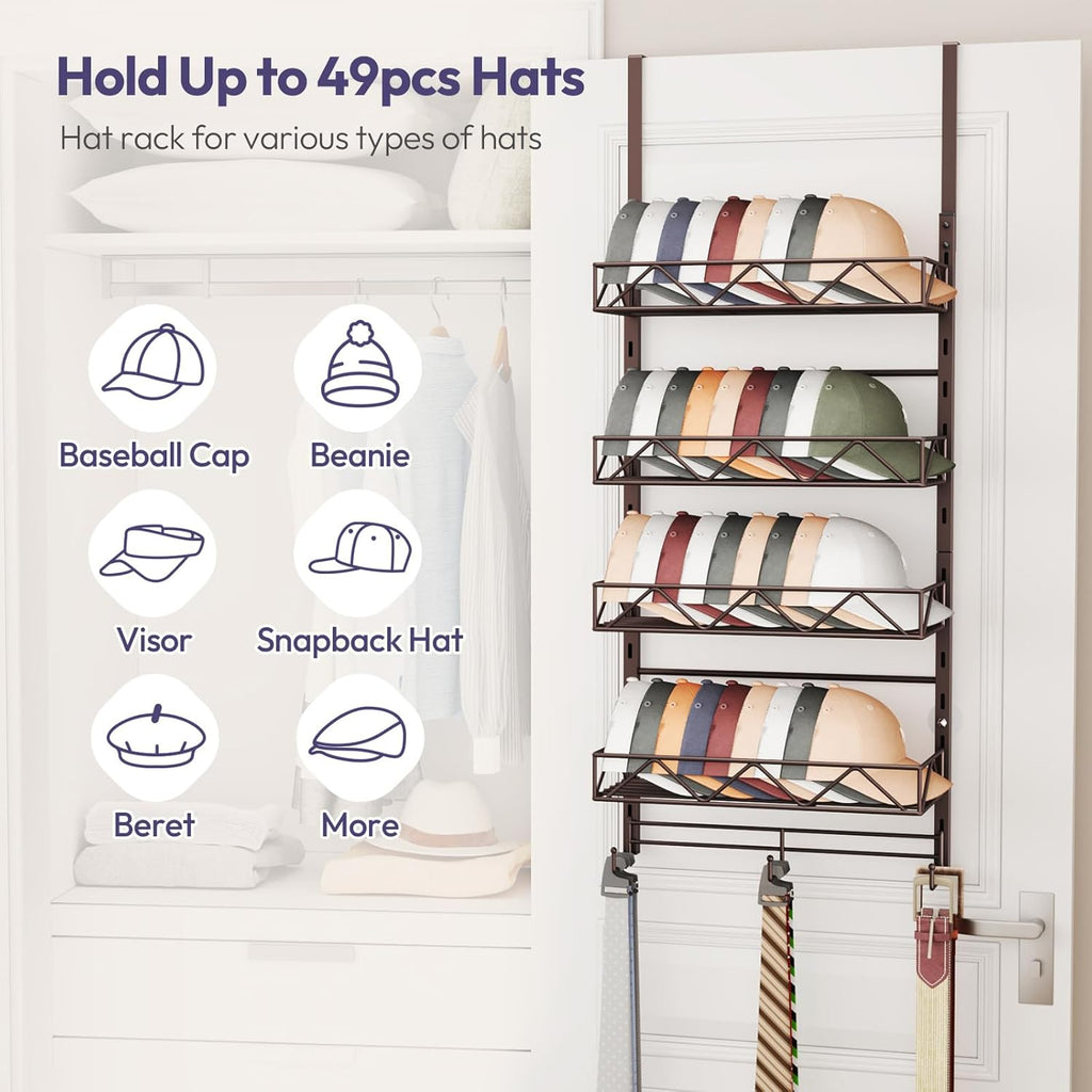 SWTYMIKI Over Door Hat Organizer - 5 Tier Wall Mounted Hat Rack with 4 Adjustable Metal Basket and 3 Hooks, Hanging Baseball Cap Organizer Storage Holds up to 49 Caps for Door, Bedroom, Closet