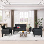 AILEEKISS 3 Piece Living Room Sofa Set Loveseat Sofas Sets with 2 USB,Cup Holders,Side Pocket, Modern Leather 3 Pcs Sectional Couches Set for Apartment, Office, Bedroom (Black, 2-Seat+1-Seat+1-Seat)