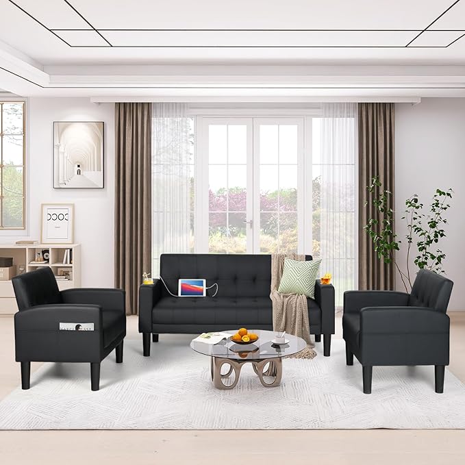 AILEEKISS 3 Piece Living Room Sofa Set Loveseat Sofas Sets with 2 USB,Cup Holders,Side Pocket, Modern Leather 3 Pcs Sectional Couches Set for Apartment, Office, Bedroom (Black, 2-Seat+1-Seat+1-Seat)