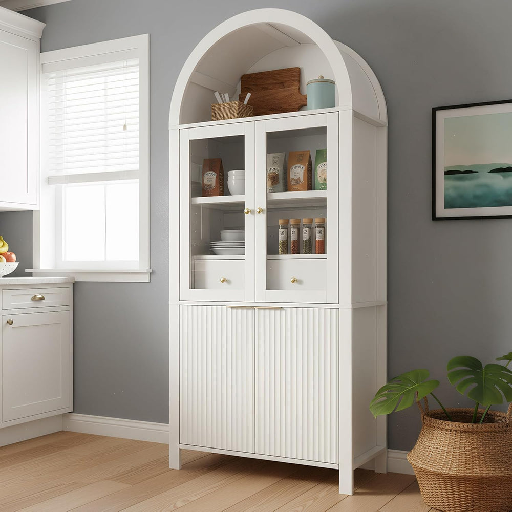 MERITLINE 71" Fluted Arched Pantry Cabinet with Glass Door & Hidden ...