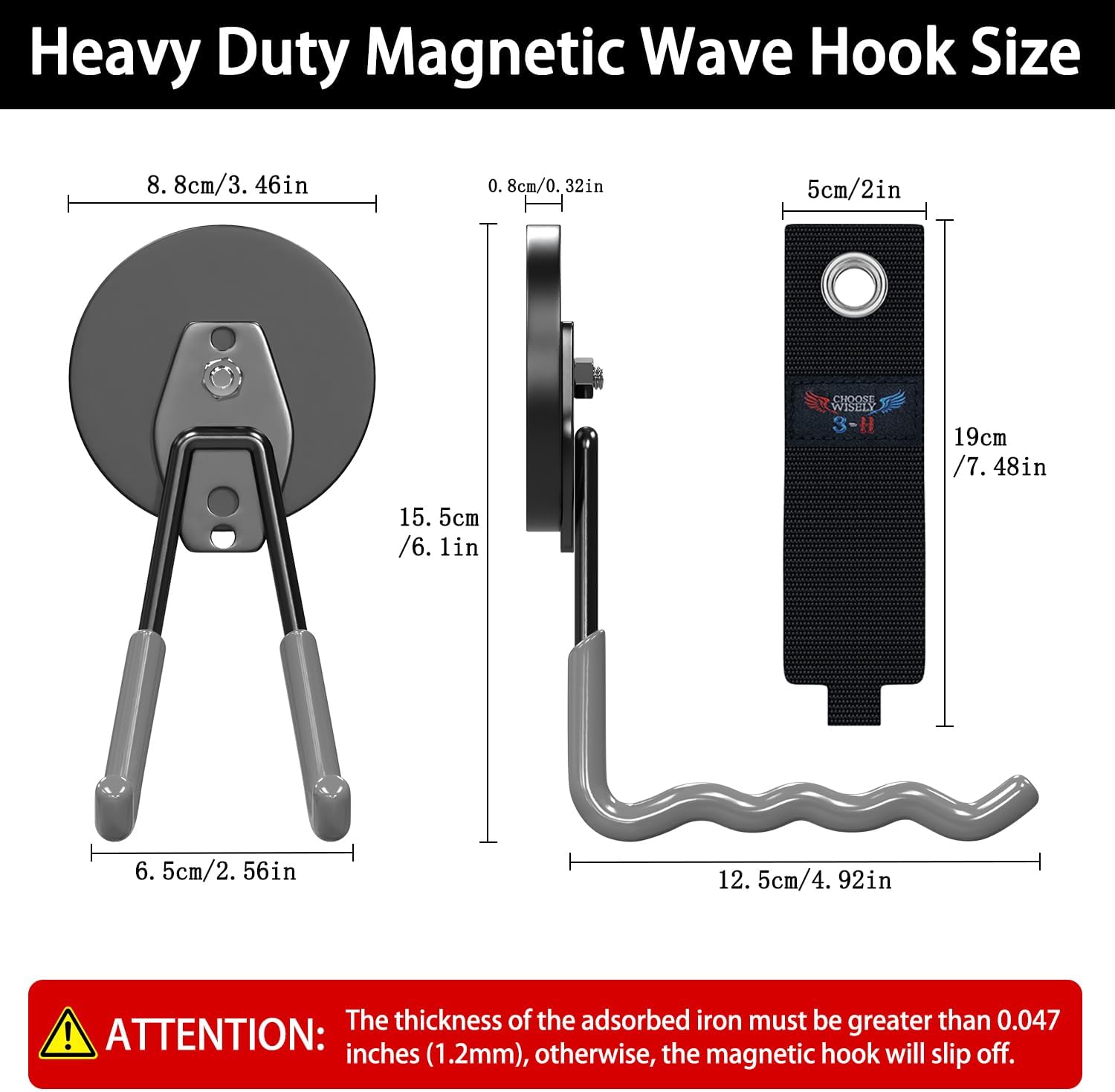 3-H Magnetic Wave Hooks Heavy Duty 2 Pack, Large Magnet Garage Hooks Heavy Duty and Strong Utility Magnetic Tool Holde for Hanging and organizing Garden Power Tool (Grey