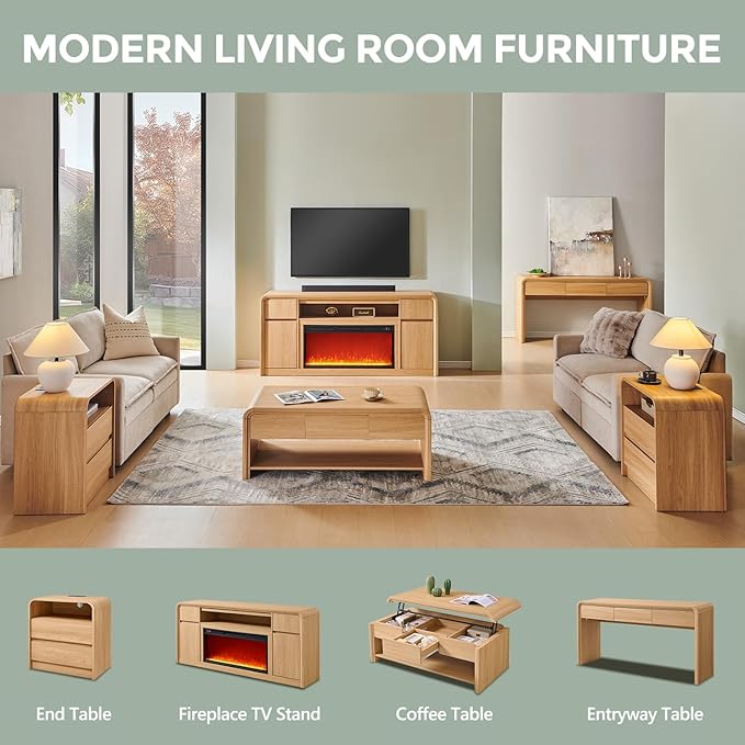 Modern Fireplace TV Stand with 36"LED Electric Fireplace for 80 inch TVs, 32"Tall Entertainment Center w/Drawers &Adjustable Shelves, Wood Media Console w/Curved Profile Design for Living Room,Natural