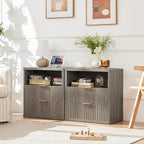 LEYAOYAO Fluted Nightstand with Charging Station, 23" Wide 2 Drawers End Table,Grey Night Stand with Open Storage Cabinet, Farmhouse Bed Side Tables, Wood Dresser for Bedroom, Living Room, Closet