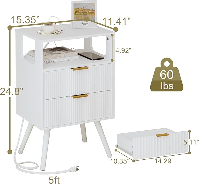 White Nightstand with Charging Station and LED Lights,Modern Bedside Table wi...