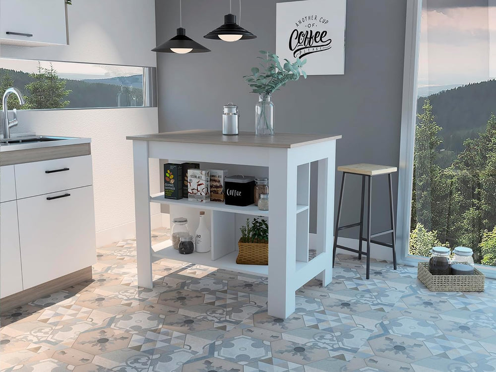 Kitchen Island with Three Shelves and Four Legs - Light Gray/White | Three sh...