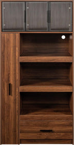 70.87" Tall Kitchen Pantry Cabinet with multi-functional pull-out multi-tier storage shelf, 1 Drawers,with Aluminum frame glass door,Freestanding Food Hutch with Microwave Stand for Dining Room