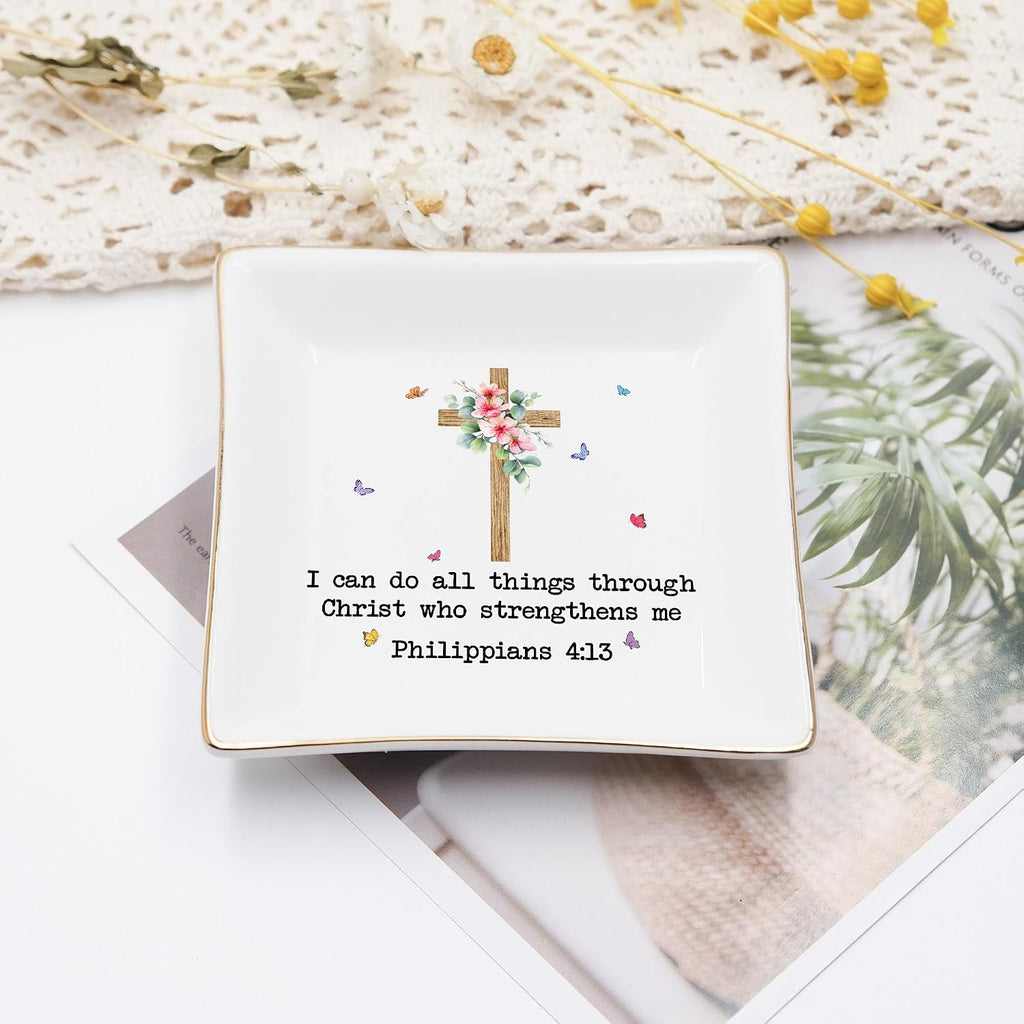 Inspirational Bible Verse Jewelry Dish,4" Ceramic Jewelry Tray Christian Gifts for Women, Religious Gifts for Mom, Daughter, Sister, Friends - Birthday, Confirmation, Catholic Gift for Her, Teen Girls