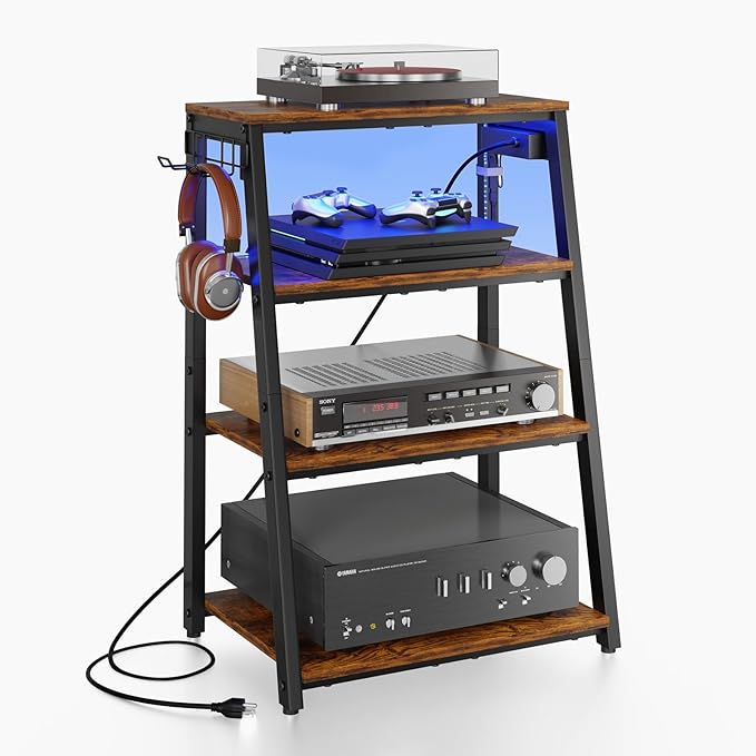 4-Tier AV Media Stand with Power Strips, Heavy Duty Stereo Cabinet Stand with...