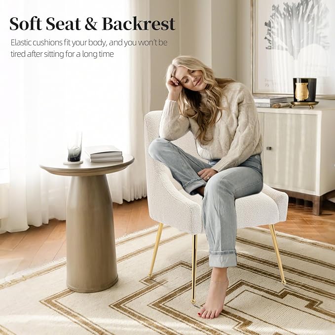 Modern Velvet Dining Chairs Set of 4, Contemporary Upholstered Furniture Collection with Polished Gold Metal Legs, Elegant Accent Chairs for Kitchen Living Room(Teddy Fleece,Beige)